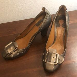 Chloe Pewter/Metallic Buckle Pumps